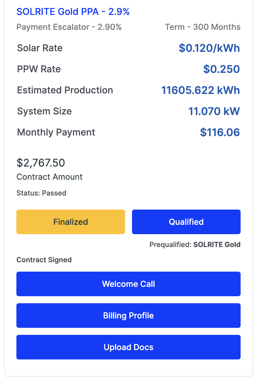 The Welcome Call, Billing Profile and Upload Docs buttons that appear after the contract is signed