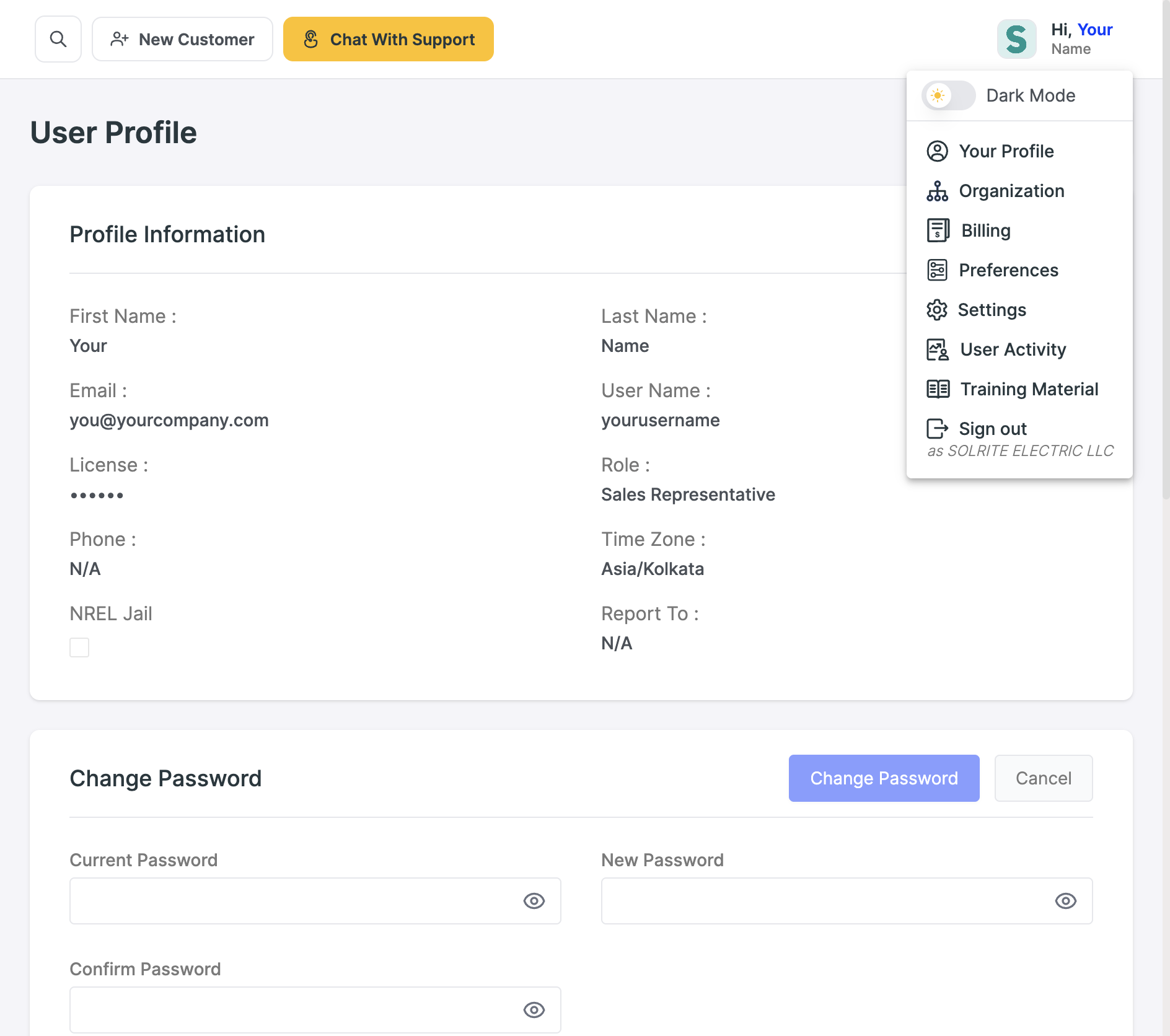 The account dropdown in SCH with Your Profile highlighted