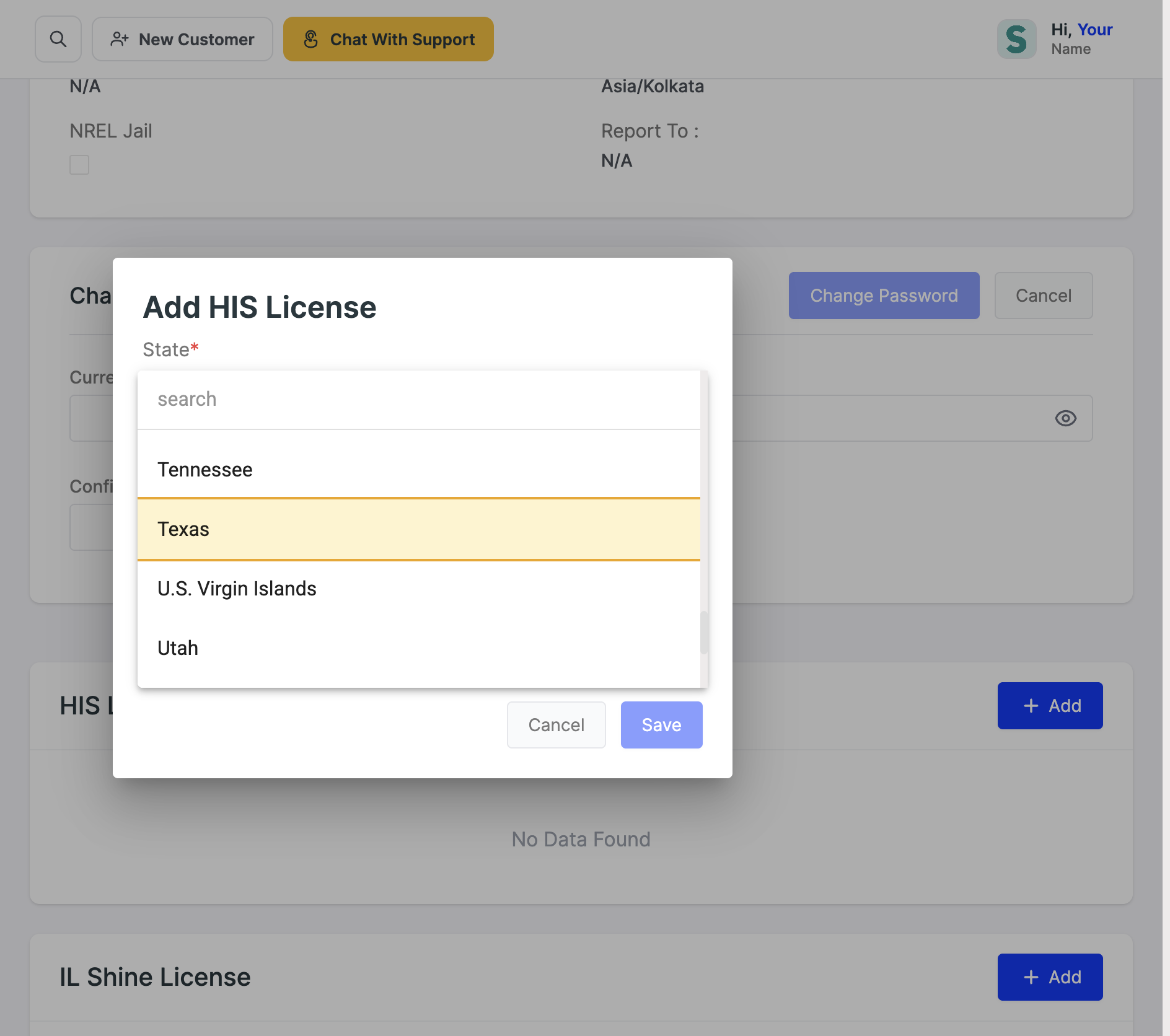 The State dropdown open with Texas highlighted
