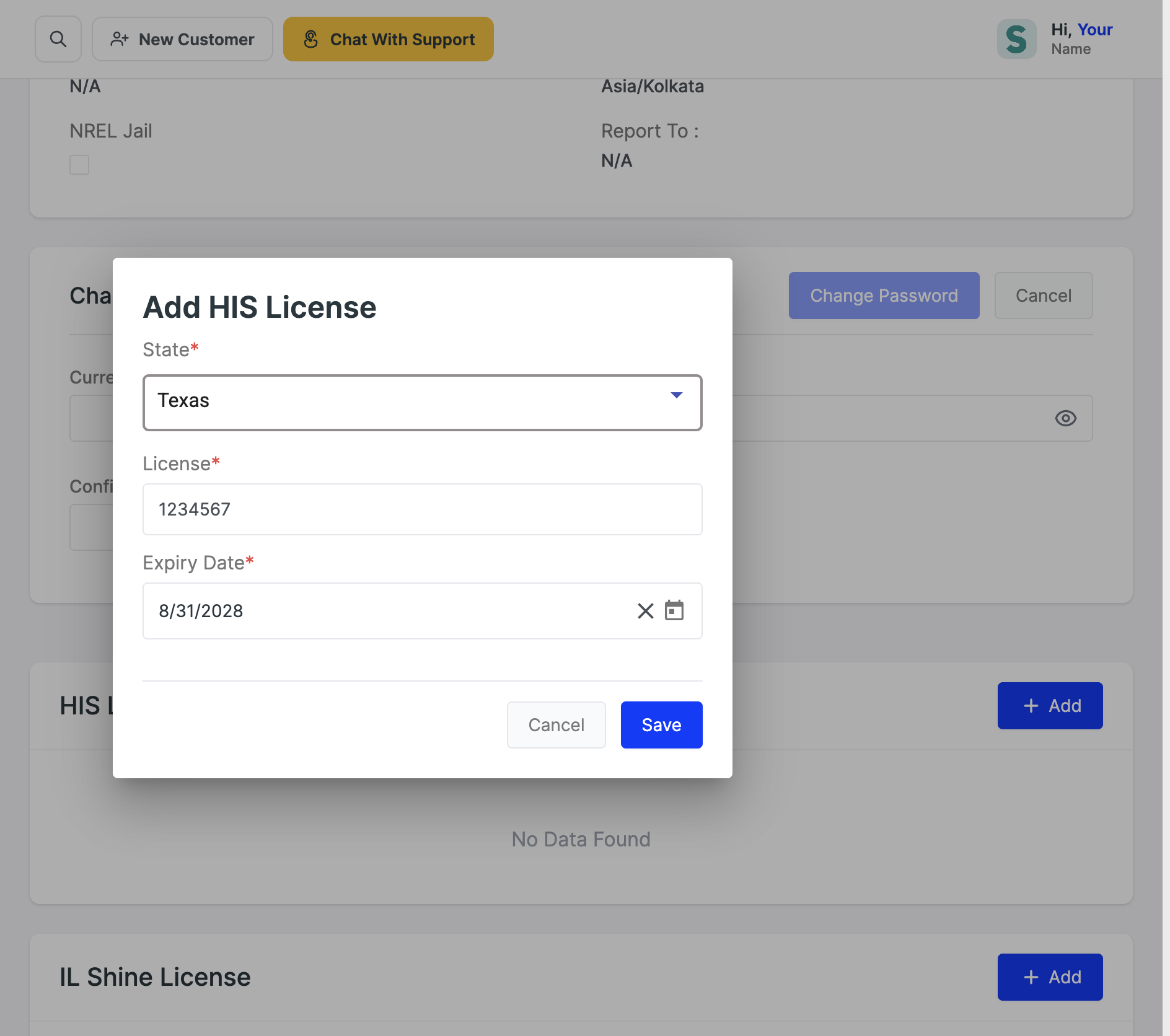 The Add HIS License dialog filled in with state, licence number and expiry date