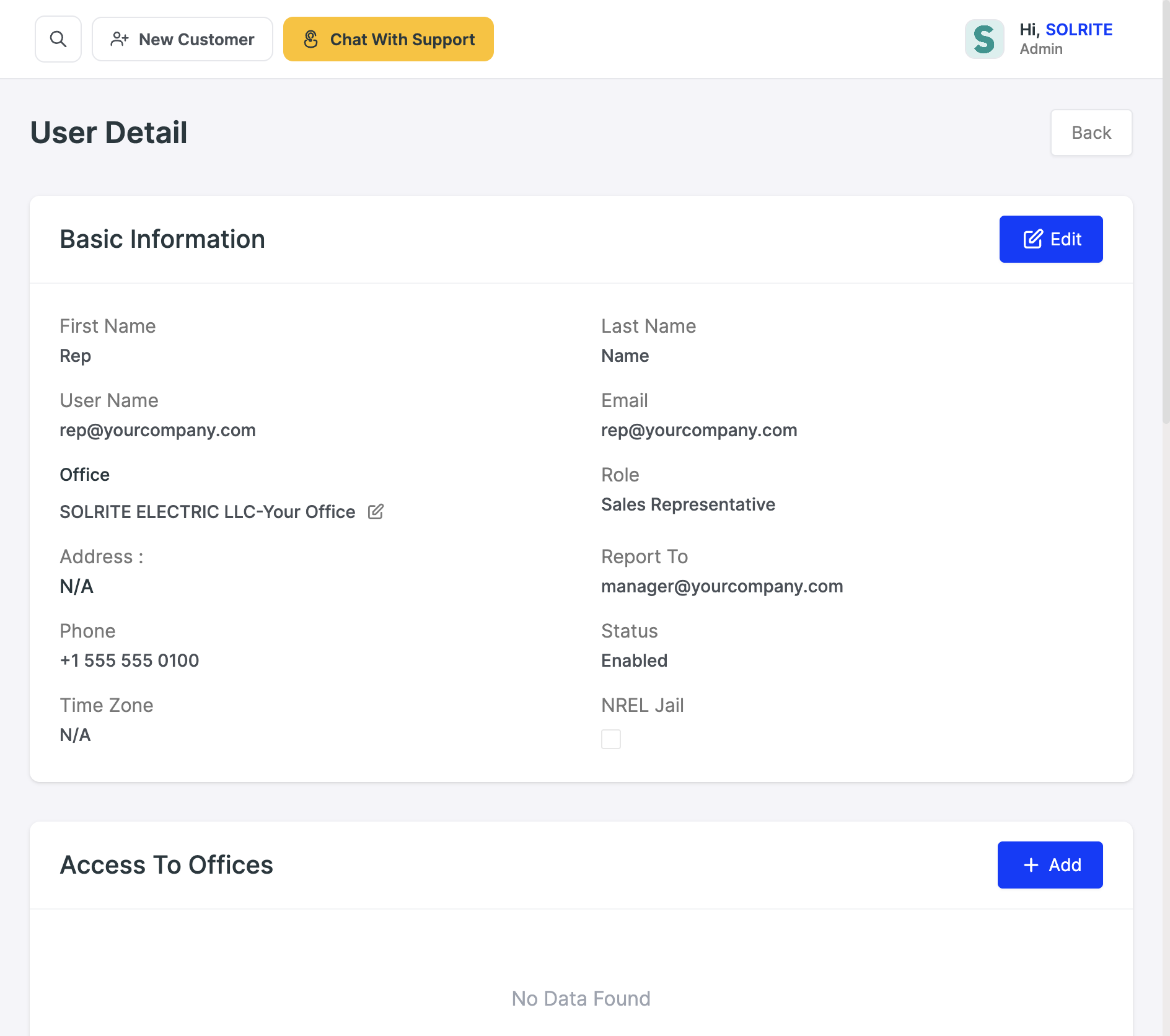 The User Detail page a manager sees for a rep