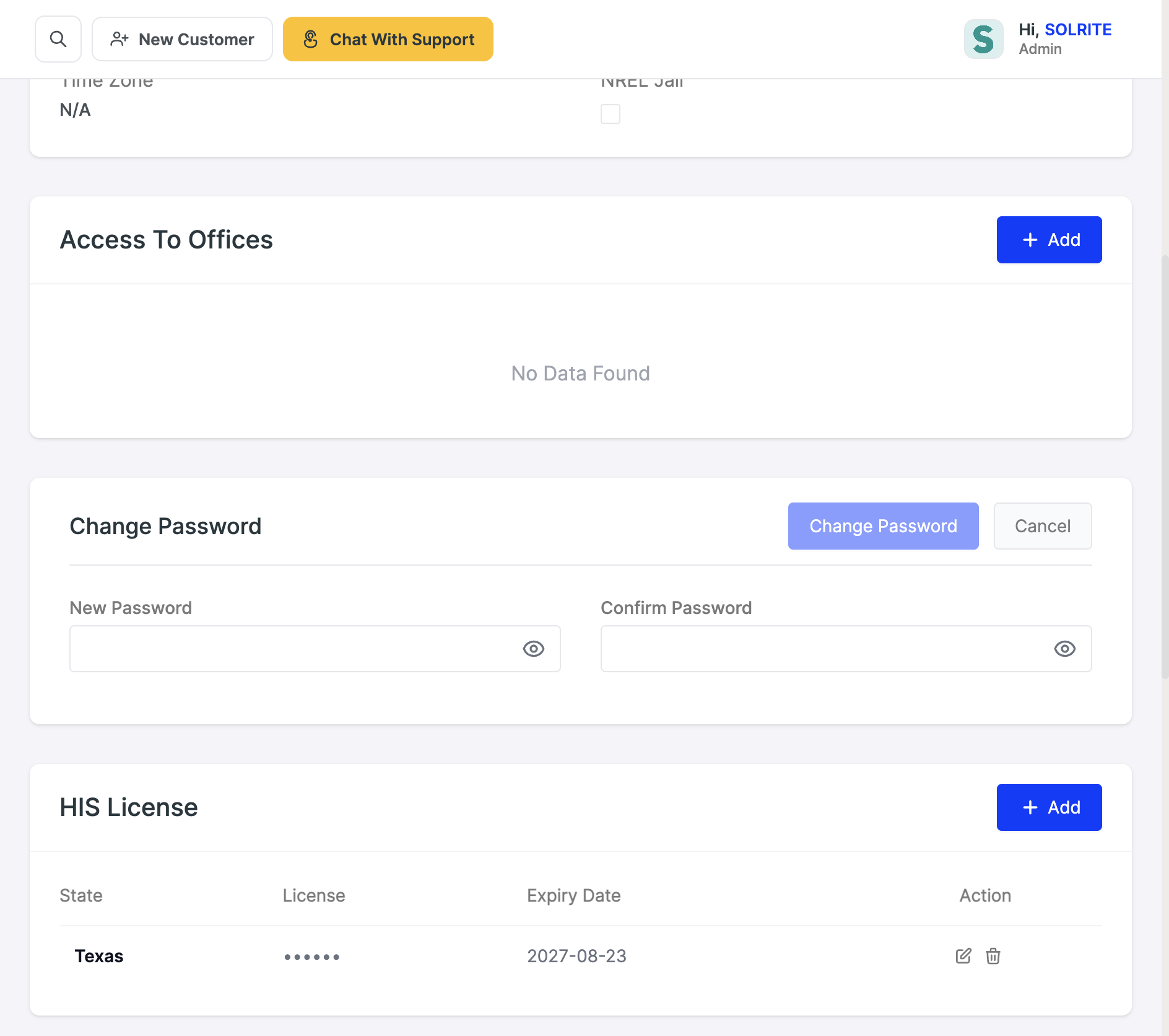 A saved Texas HIS licence row on the profile with edit and delete icons