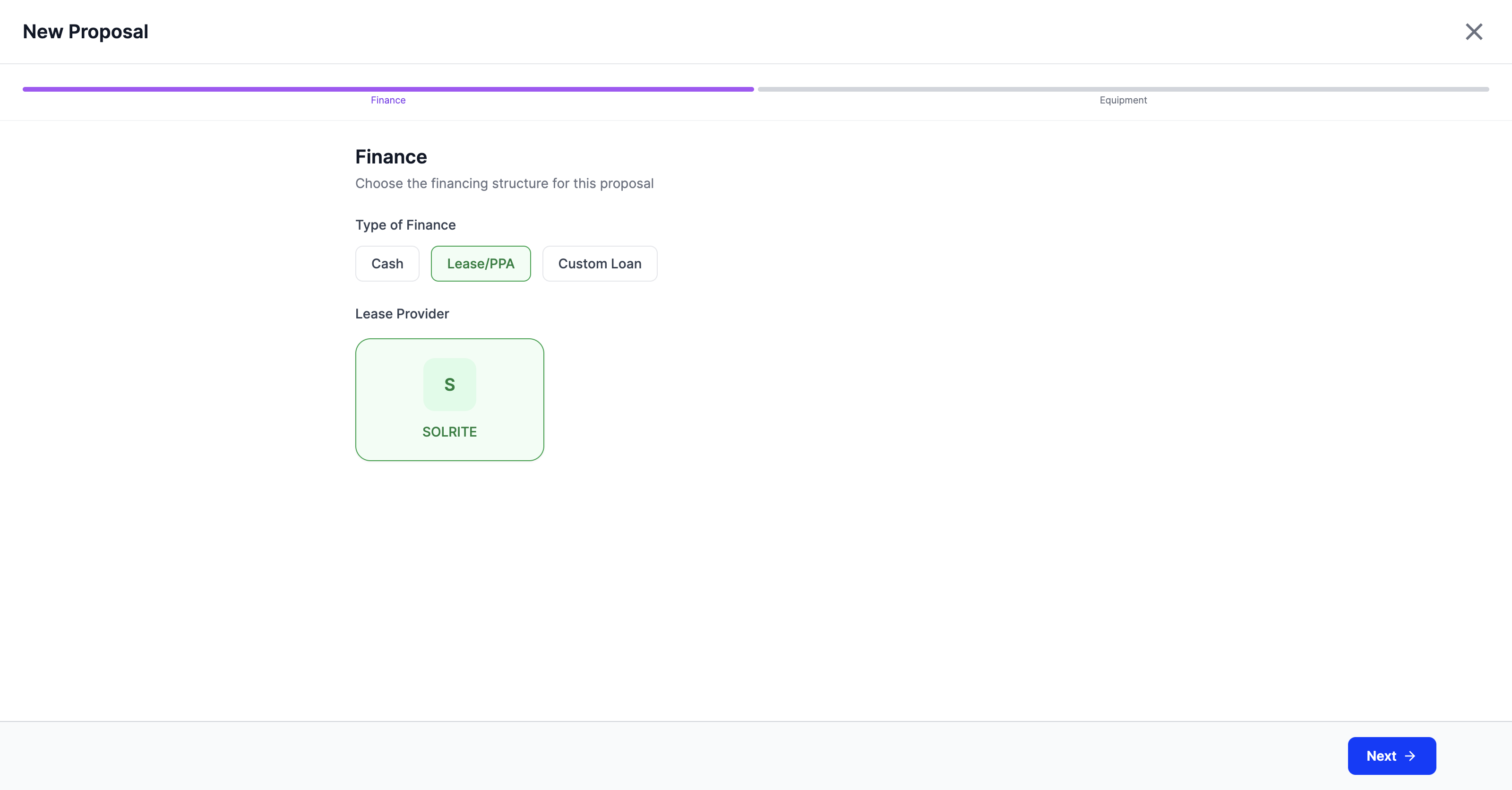 The Finance step of the new proposal wizard