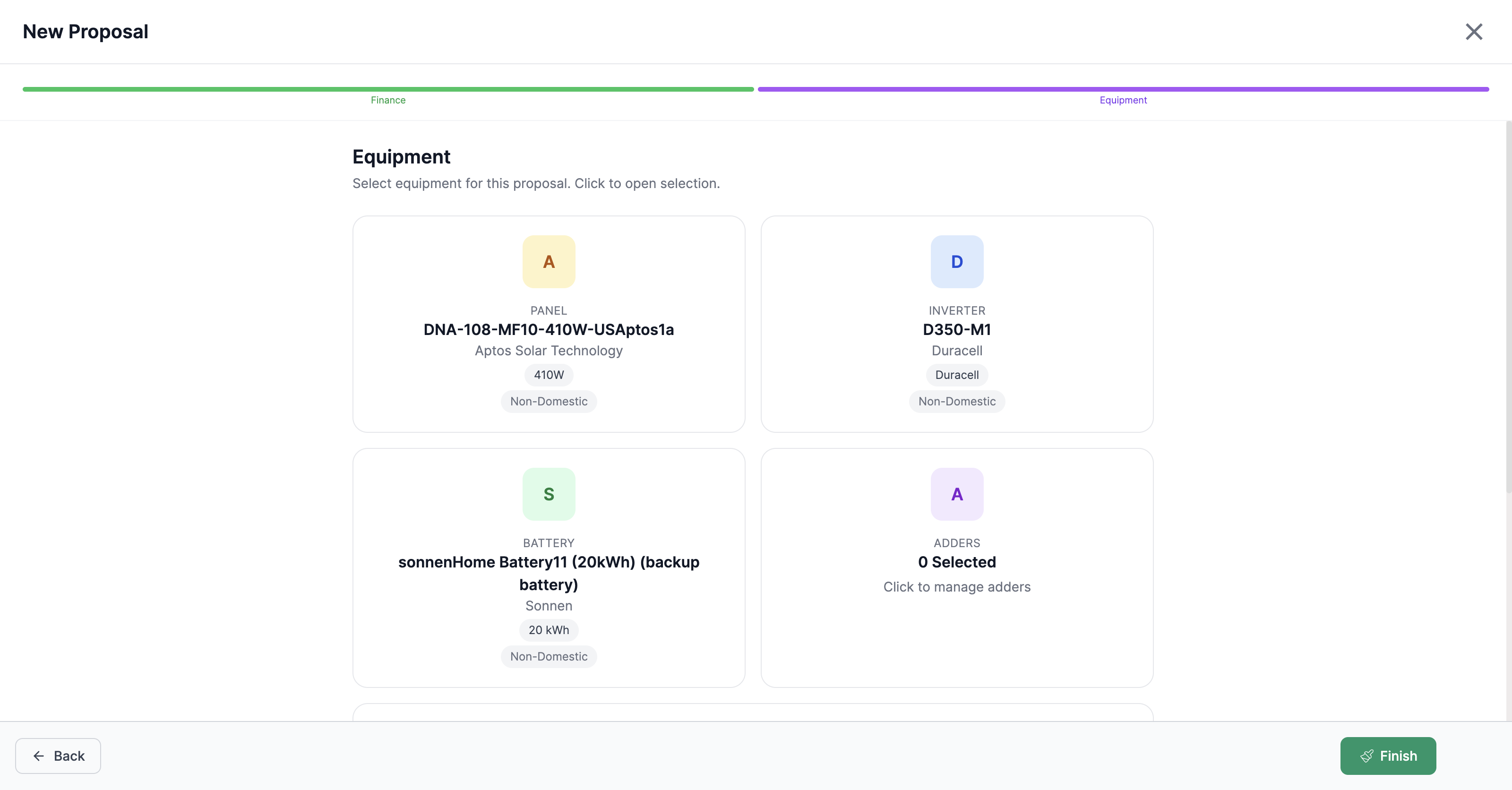 The Equipment step of the new proposal wizard