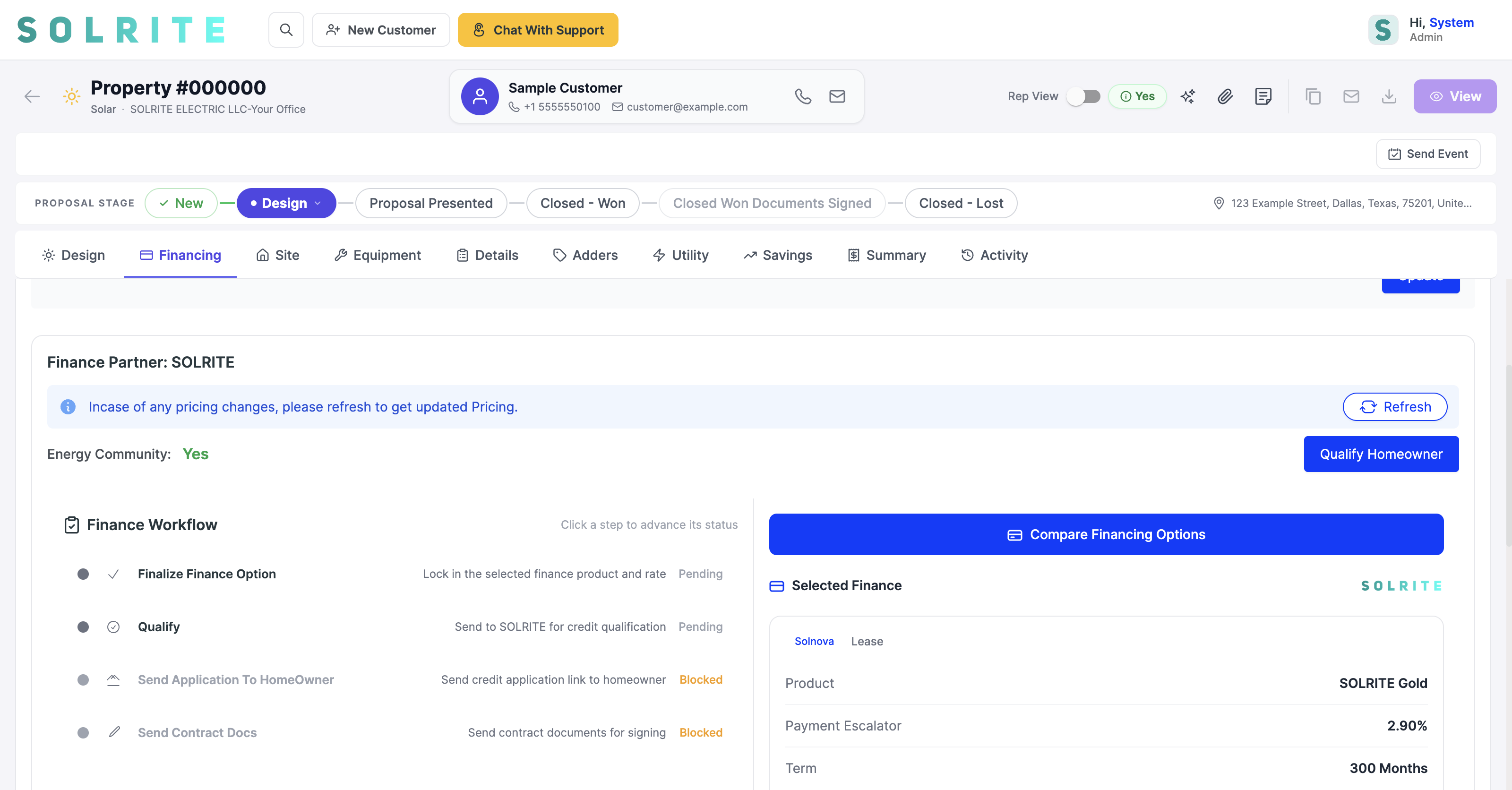 The Finance Workflow checklist on the Financing tab