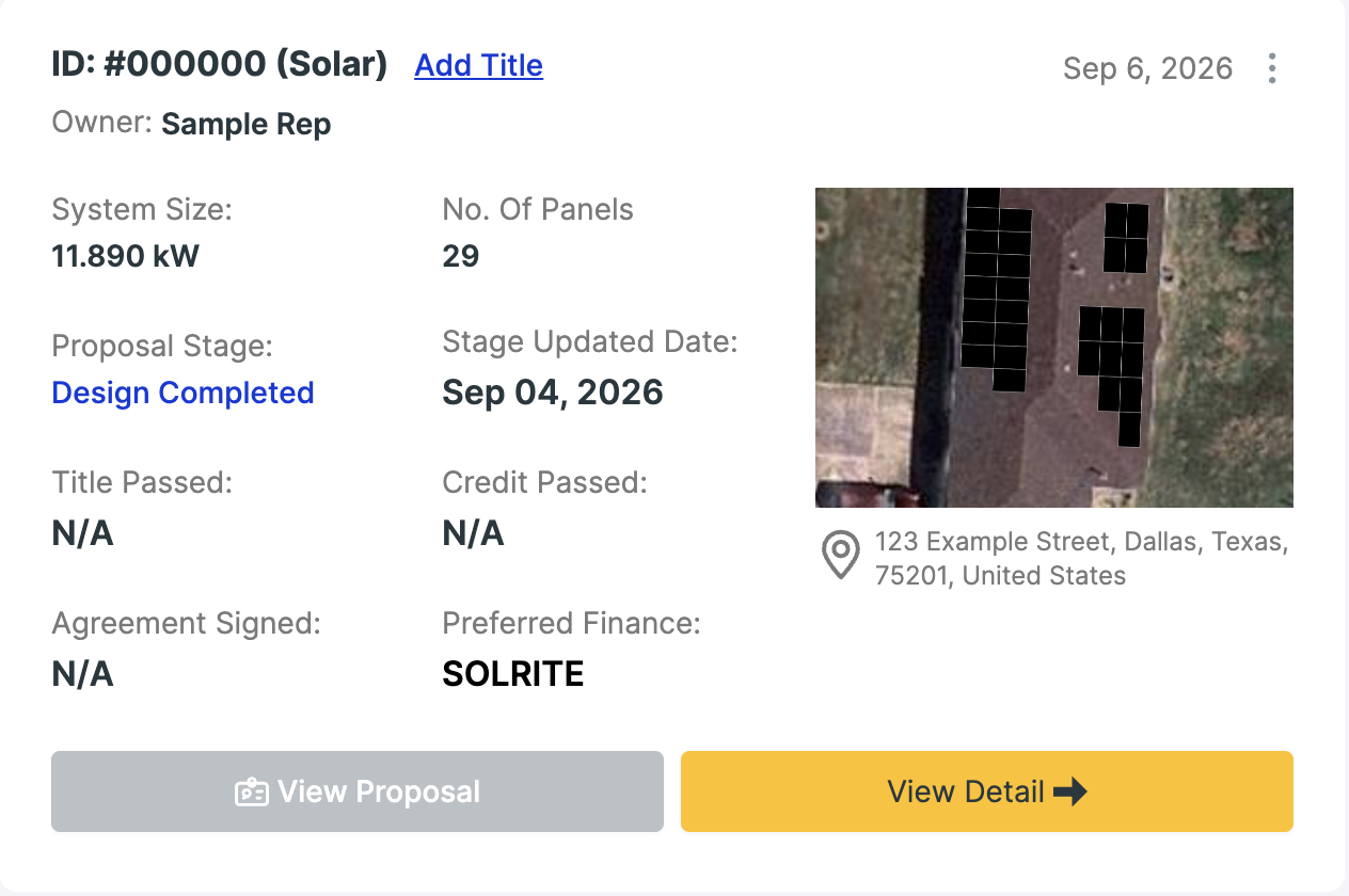 Proposal card on the customer page with View Proposal and View Detail buttons