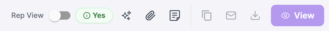 Top right of the proposal header: copy, envelope and download icons next to the purple View button