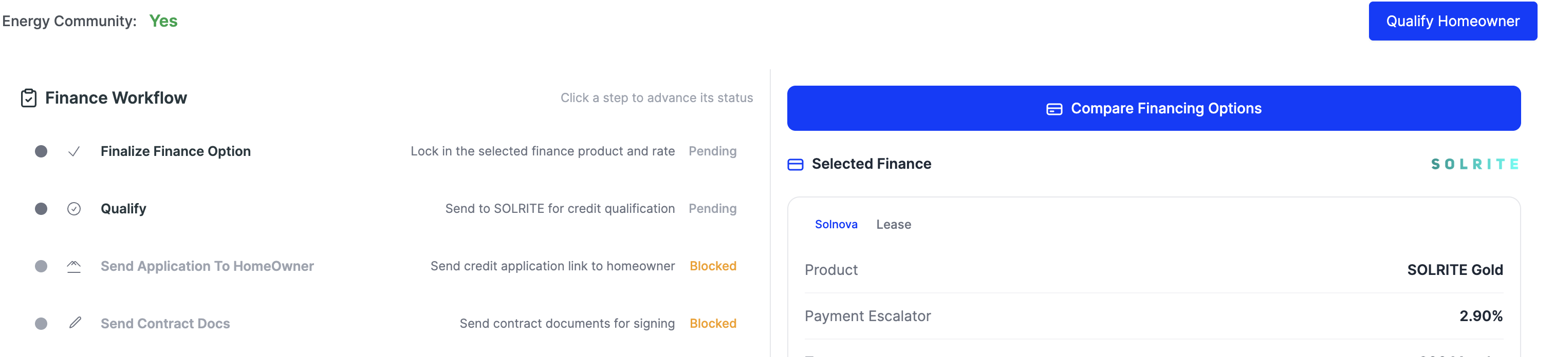 The Finance Workflow list on the Financing tab: Finalize Finance Option, Qualify, Send Application To HomeOwner, Send Contract Docs, plus the Qualify Homeowner button