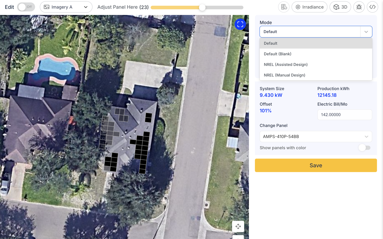 Mode dropdown showing NREL (Assisted Design)